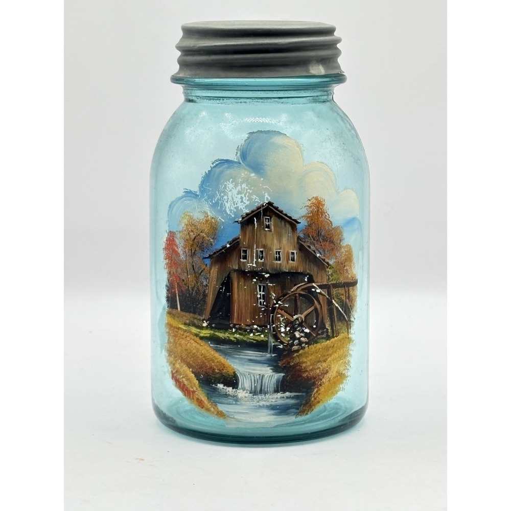 Vtg Ball Hand Painted Quart Blue Mason Jar Folk Art Water Wheel Barn Country